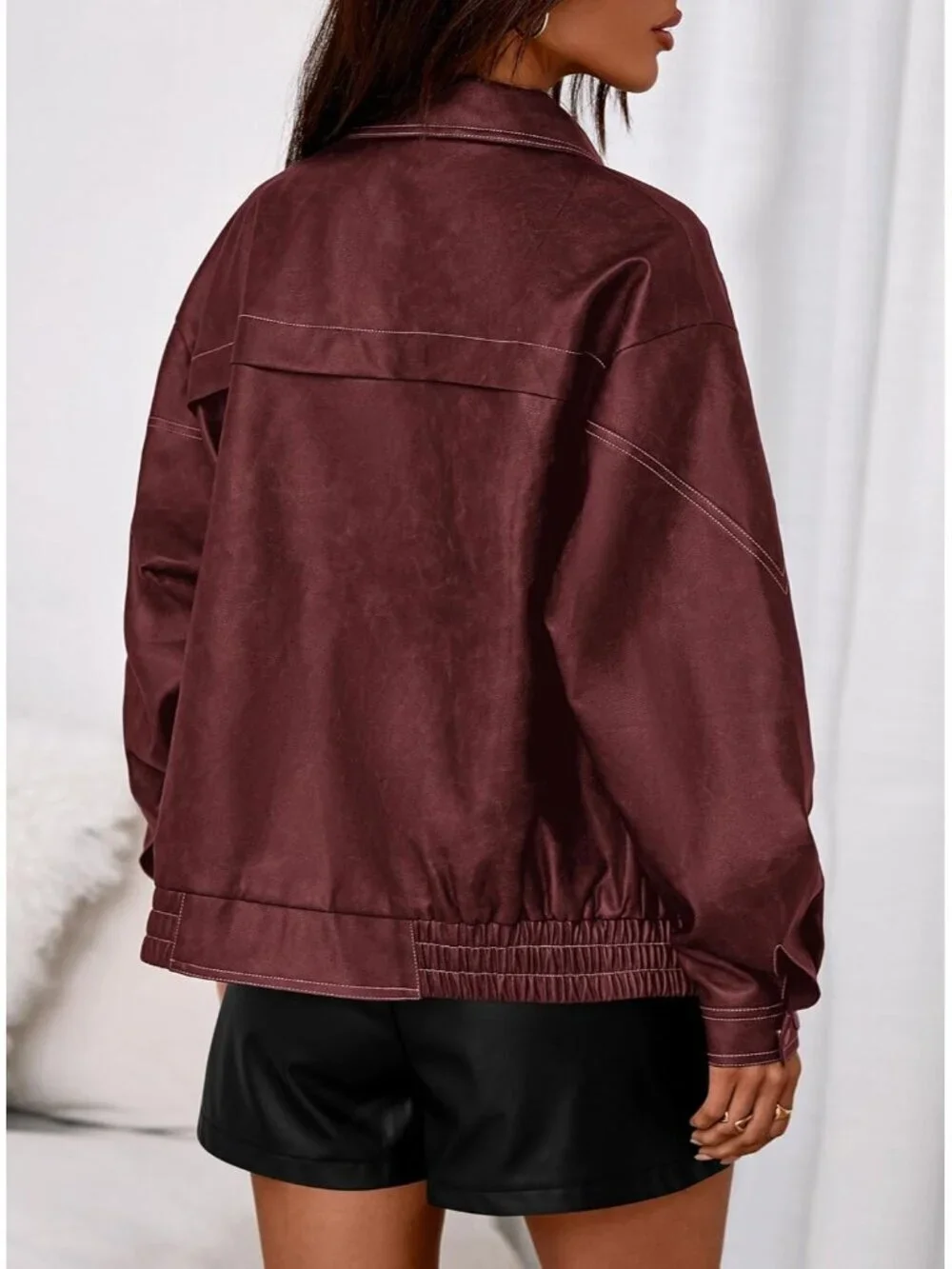 Women's Bomber Motorcycle Zip Up Jackets Oversized Faux Leather Jacket Wine Red